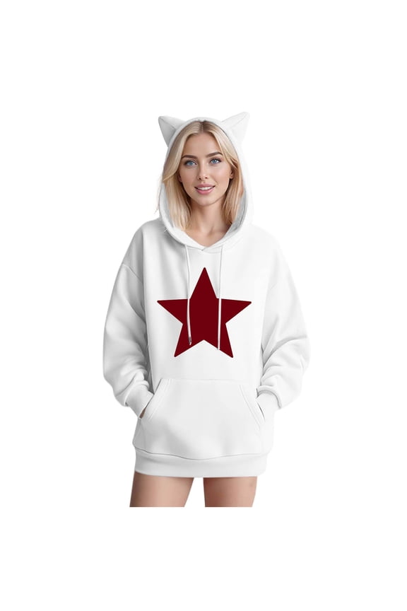 Women's Cute Hoodies Fashion Star Print Sweatshirts Oversized Cat Ear Long Sleeves Sweatshirts Fall Pullover Tops With Pockets White L