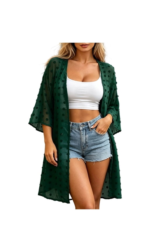 Women's Dot Sheer Long Kimono Cardigan 3/4 Sleeve Open Front Beach Cover Up Lightweight Layering Coat for Summer Vacation Daily Casual Green XL