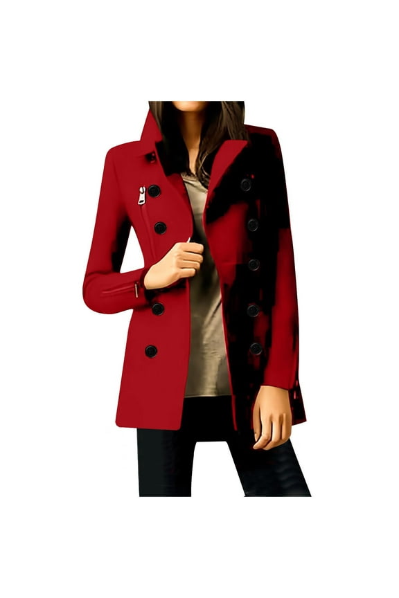 Women's Double Breasted Casual Blazer Coat Classic Lapel Long Sleeve Overcoat Solid Color Fall Winter Fashion Jackets Red XL