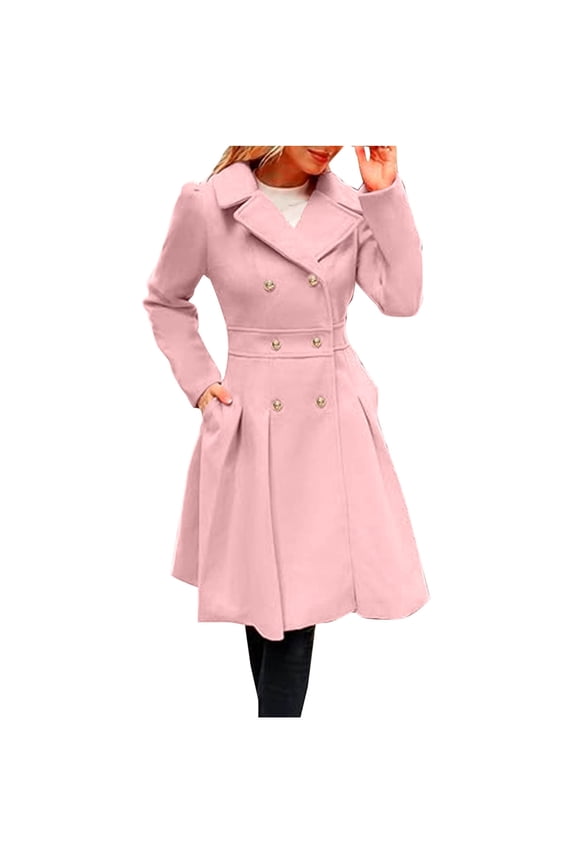 Women's Double Breasted Mid Long Trench Coat Classic Lapel Windproof Overcoat Solid Color Fall Winter Fashion Jackets with Pockets Pink M