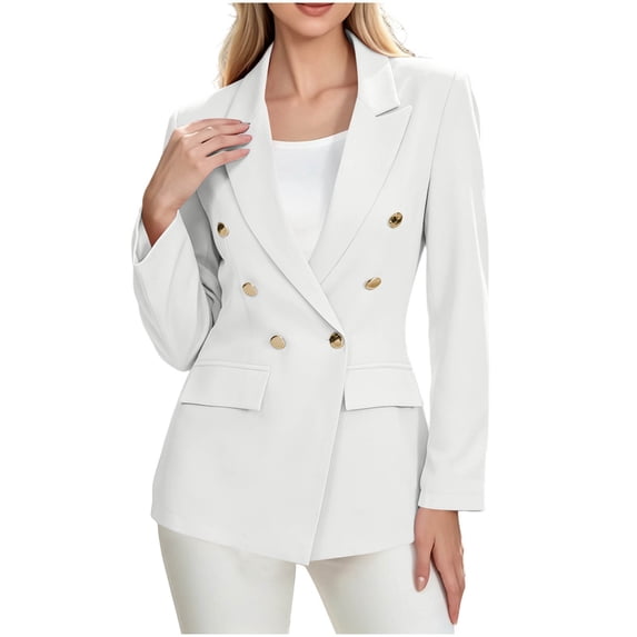 XPMWRP Women’s Double‑Breasted Notched Lapel Blazer,Long‑Sleeve Formal‑Casual Outer Suit Jacket With Gold Buttons White M