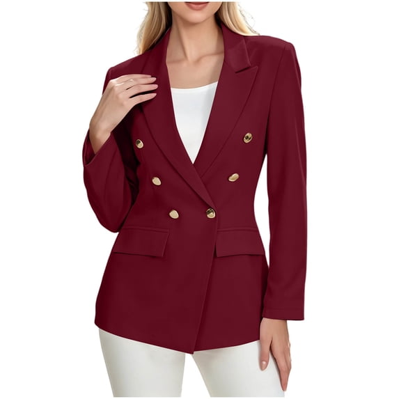 XPMWRP Women’s Double‑Breasted Notched Lapel Blazer,Long‑Sleeve Formal‑Casual Outer Suit Jacket With Gold Buttons Wine S