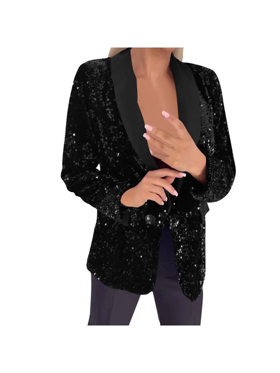 Women's Double Breasted Sparkle Sequins Coats Notch Lapel Trendy Style Jacket Long Sleeves Prom Coat with Pockets Black XXXL