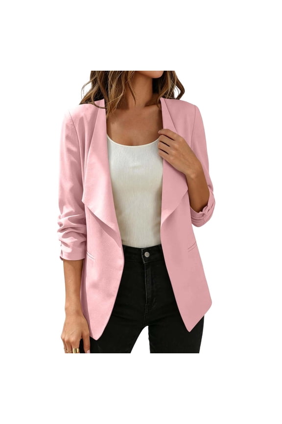 Women's Draped Open Front Blazer Jacket, 3/4 Ruched Sleeves Casual Work Coat, Lightweight Office Outerwear with Pockets Brown S