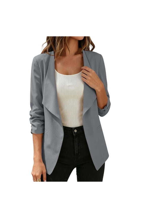 Women's Draped Open Front Blazer Jacket, 3/4 Ruched Sleeves Casual Work Coat, Lightweight Office Outerwear with Pockets Gray XXL