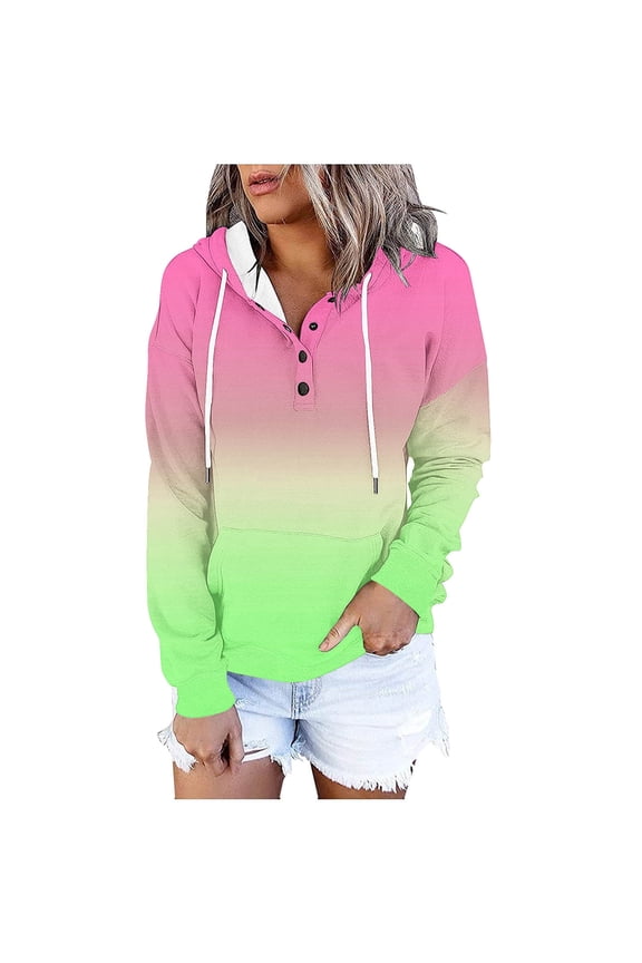 Women's Drawstring Gradient Hoodies Sweatshirt Fall Winter Long Sleeve Button Down Pullover Sweatshirts With Pockets Pink M