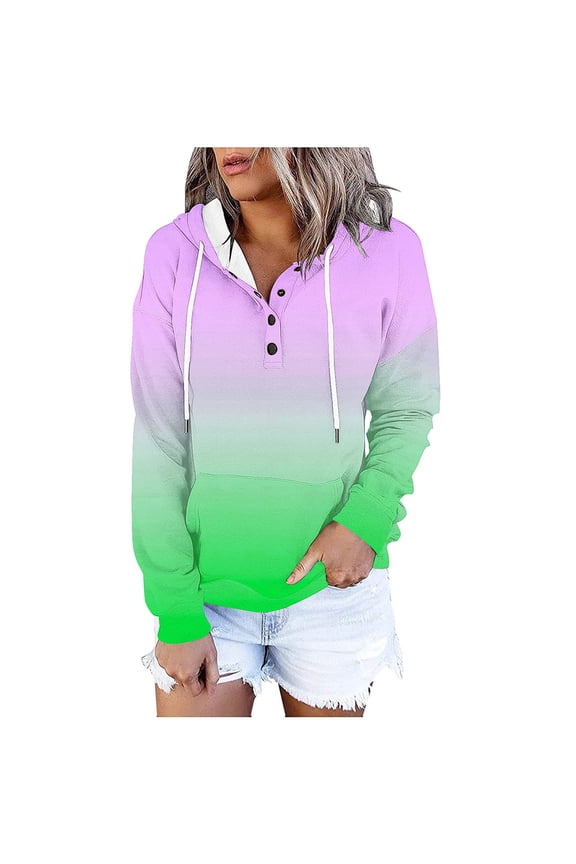Women's Drawstring Gradient Hoodies Sweatshirt Fall Winter Long Sleeve Button Down Pullover Sweatshirts With Pockets Purple XXL