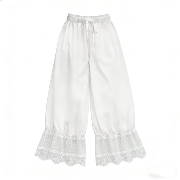 XPMWRP Women's Drawstring Wide Leg Pants Lace Trim Elastic Waist Harem Pants Flowy Boho Beach Trousers White M
