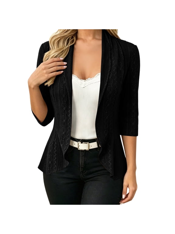Women's Eyelet Embroidered Cardigan, 3/4 Sleeve Open Front Cropped Jacket, Casual Dressy Shrug Coat Black M