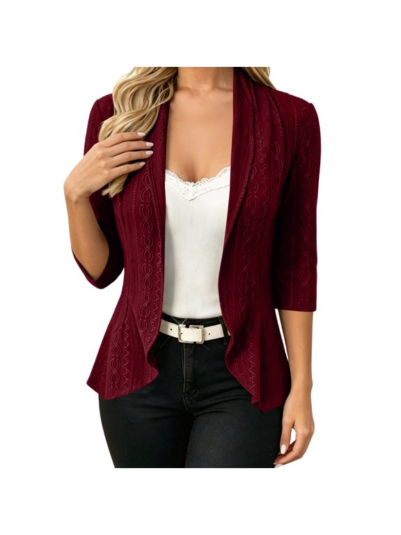 Women's Eyelet Embroidered Cardigan, 3/4 Sleeve Open Front Cropped Jacket, Casual Dressy Shrug Coat Red M