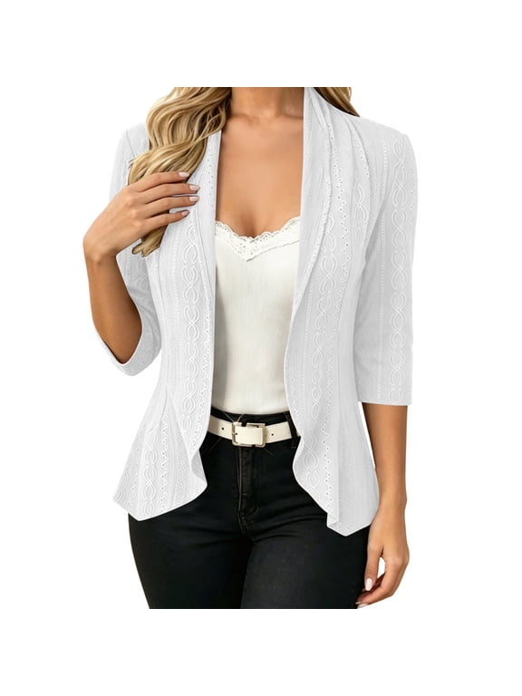 Women's Eyelet Embroidered Cardigan, 3/4 Sleeve Open Front Cropped Jacket, Casual Dressy Shrug Coat White L