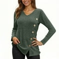 thumbnail image 1 of XPMWRP Women's Fall Fashion Long Sleeve Solid Color Shirt Dressy Casual V Neck Button Blouse Sweater Ribbed Knit Split Tunic Tops Green L, 1 of 7