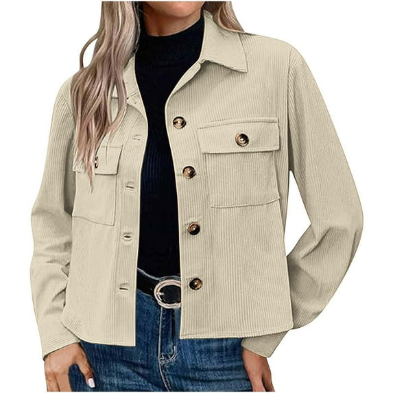 XPMWRP Women's Fashion Corduroy Shackets Button Down Lapel Long Sleeve Solid Color Jackets Fall Winter Trendy Loose Clothes White M