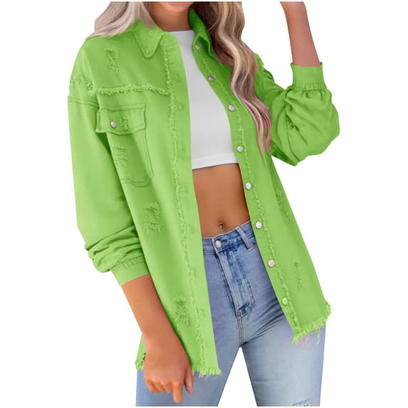XPMWRP Women's Fashion Long Sleeved Ripped Distressed Denim Coats Tops Oversized Casual Long Sleeve Basic Jean Jacket Green XXL