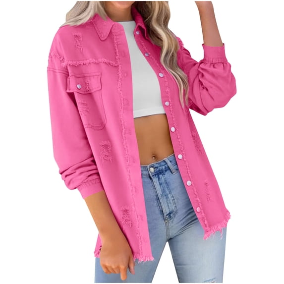 XPMWRP Women's Fashion Long Sleeved Ripped Distressed Denim Coats Tops Oversized Casual Long Sleeve Basic Jean Jacket Pink L