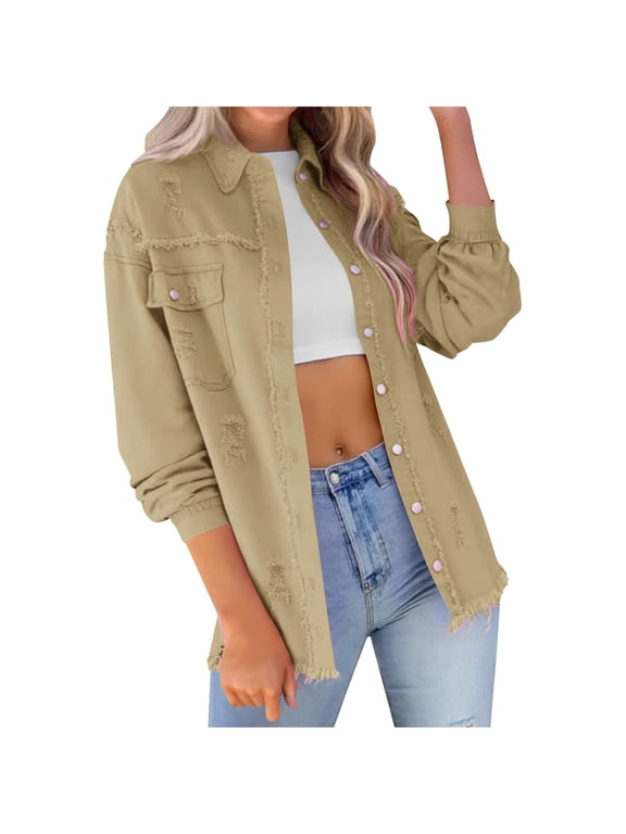 Women's Fashion Long Sleeved Ripped Distressed Denim Coats Tops Oversized Casual Long Sleeve Basic Jean Jacket Yellow XL