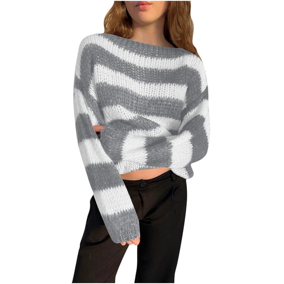 XPMWRP Women's Fashion Striped Cable Fall Winter Sweaters Casual Pullover Round Neck Sweater Classic Long Sleeve Rib Knit Jumper Tops Gray M