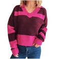 thumbnail image 1 of XPMWRP Women's Fashionable Stripe Sweater Long Sleeve Contrast Color V Neck Sweatshirt Tops Casual Pullover Jumpers Pink M, 1 of 4