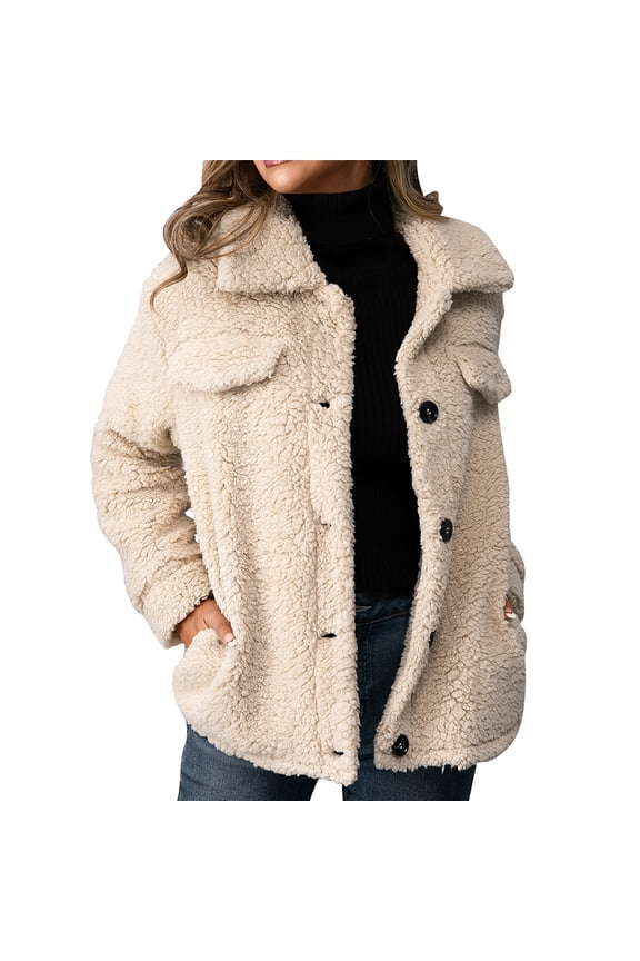 Women's Faux Fur Button Down Coats Lapel Long Sleeve Solid Color Casual Jackets Winter Keep Warm Loose Jacket with Pocket Beige S