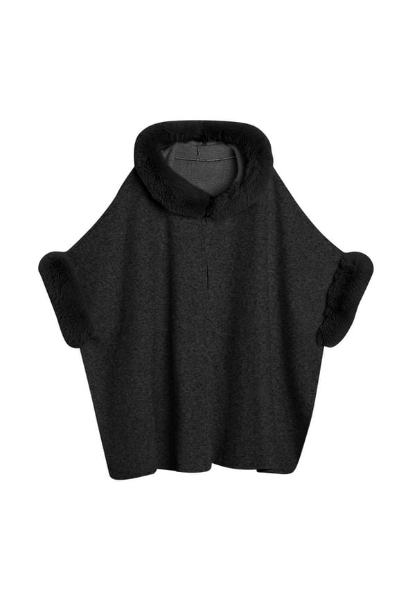 Women's Faux Fur Collar Casual Shawls Long Sleeve Solid Color Cloak Cape Winter Warm Fashion Loose Elegant Clothes Black Free Size