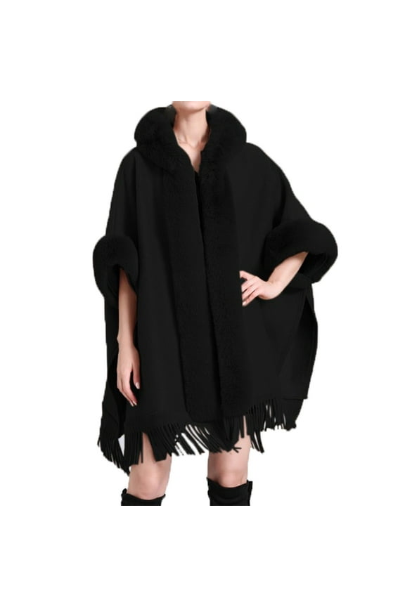 Women's Faux Fur Collar Casual Shawls Long Sleeve Solid Color Cloak Cape Winter Warm Fashion Loose Elegant Clothes Black Free Size
