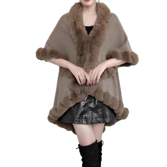 XPMWRP Women's Faux Fur Collar Casual Shawls Long Sleeve Solid Color Cloak Cape Winter Warm Fashion Loose Elegant Clothes Yellow Free Size