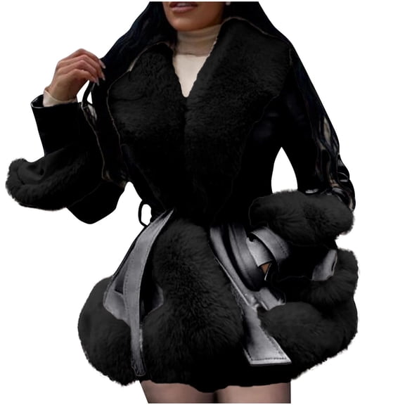 XPMWRP Women's Faux Fur Collar Thicken Jacket Long Sleeve Solid Color Coats Oversized Winter Trendy Clothes with Belt and Pockets Black M