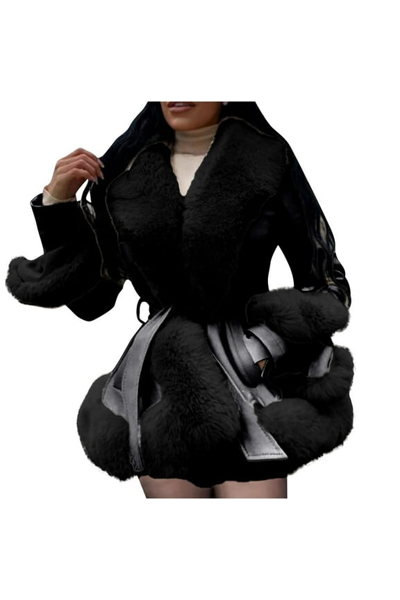 Women's Faux Fur Collar Thicken Jacket Long Sleeve Solid Color Coats Oversized Winter Trendy Clothes with Belt and Pockets Black M