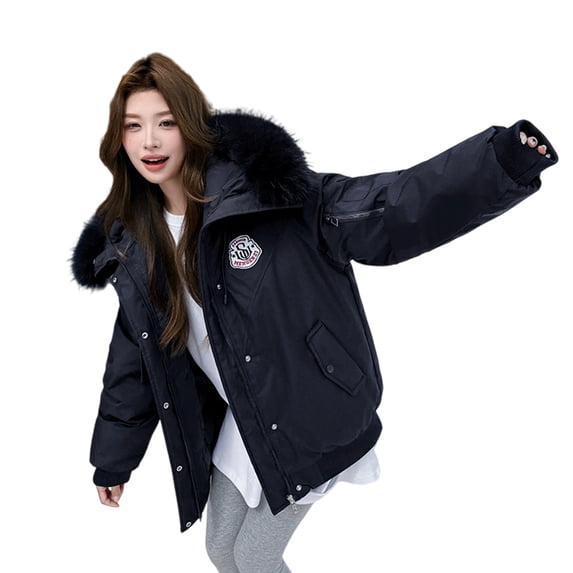 XPMWRP Women's Faux Fur Hooded Windproof Jacket Long Sleeve Solid Color Coat Winter Warm Thick Zipper Jacket with Pockets Blue L