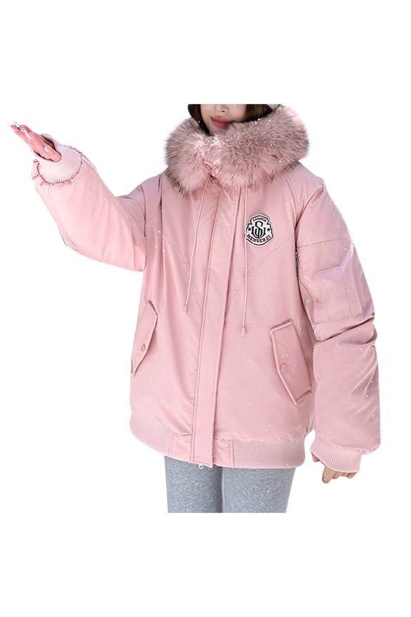 Women's Faux Fur Hooded Windproof Jacket Long Sleeve Solid Color Coat Winter Warm Thick Zipper Jacket with Pockets Pink S