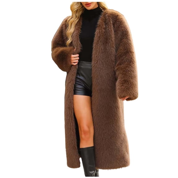 XPMWRP Women's Faux Fur Long Coat Fleece Open Front Long Sleeve Solid Color Loose Coat Warm Winter Fashion Casual Clothes Brown XL