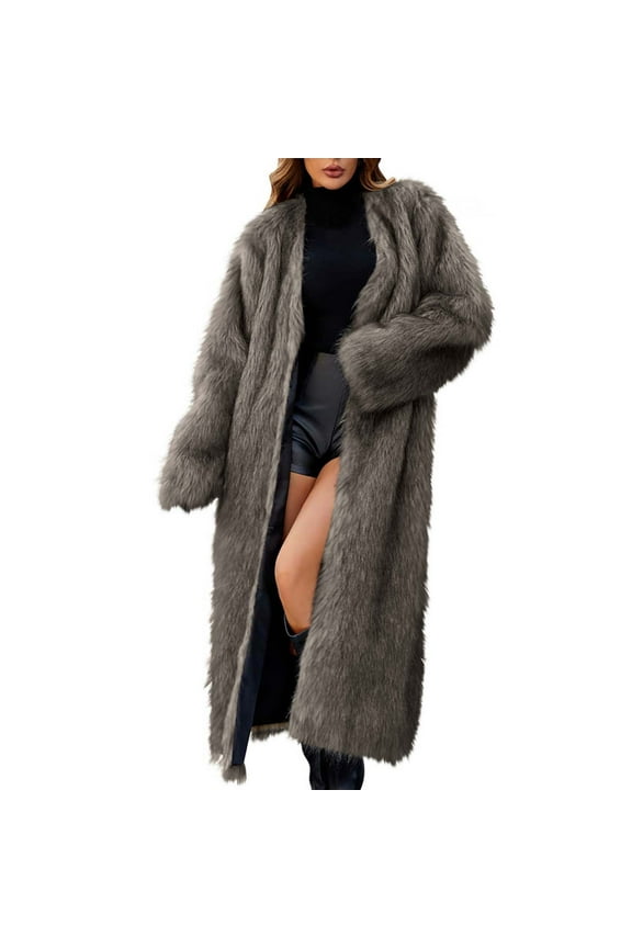 Women's Faux Fur Long Coat Fleece Open Front Long Sleeve Solid Color Loose Coat Warm Winter Fashion Casual Clothes Gray L