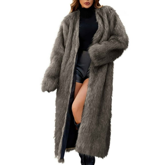 XPMWRP Women's Faux Fur Long Coat Fleece Open Front Long Sleeve Solid Color Loose Coat Warm Winter Fashion Casual Clothes Gray XXL
