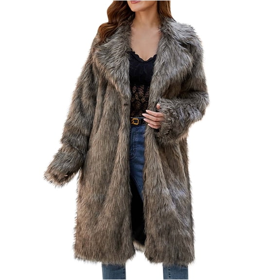 XPMWRP Women's Faux Fur Long Coats Open Front Fleece Long Sleeve Solid Color Lapel Jacket Warm Winter Fashion Casual Coats Brown XXL