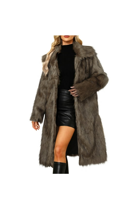 Women's Faux Fur Long Coats Open Front Fleece Long Sleeve Solid Color Lapel Jacket Warm Winter Fashion Casual Coats with Pockets Gray S