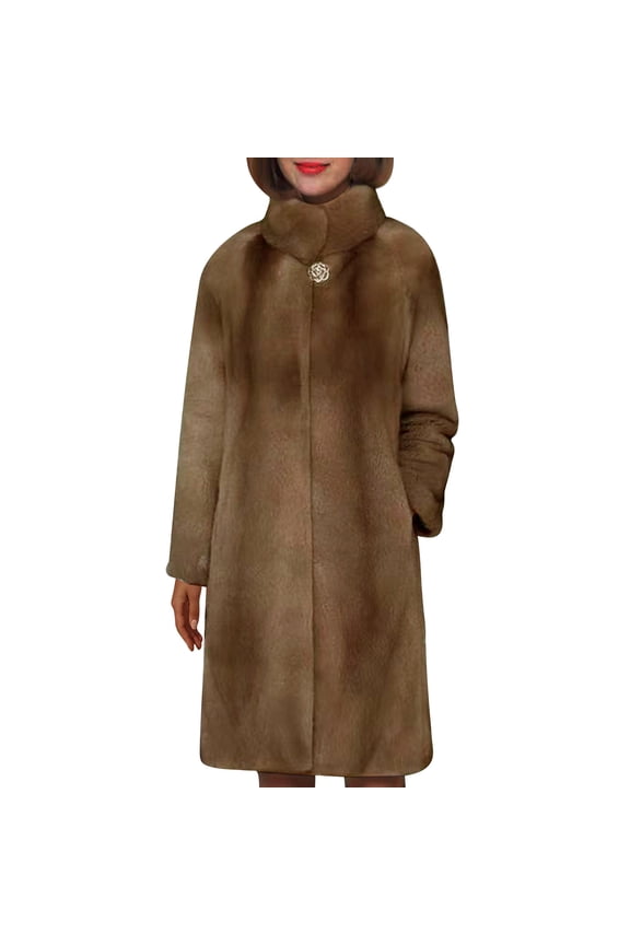 Women's Faux Fur Long Jacket Fashion Turtleneck Long Sleeve Fleece Coat Winter Keep Warm Loose Solid Color Jacket Brown XL