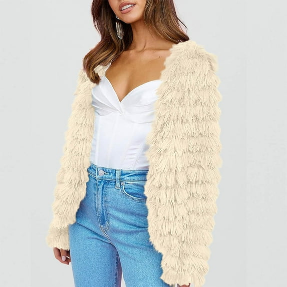 XPMWRP Women's Faux Fur Open Front Coats Oversized Loose Solid Color Jackets Trendy Casual Winter Warm Outerwear Beige L