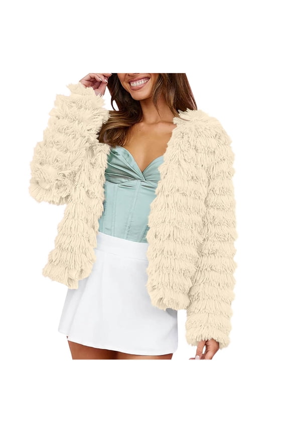 Women's Faux Fur Open Front Coats Oversized Loose Solid Color Jackets Trendy Casual Winter Warm Outerwear Beige S