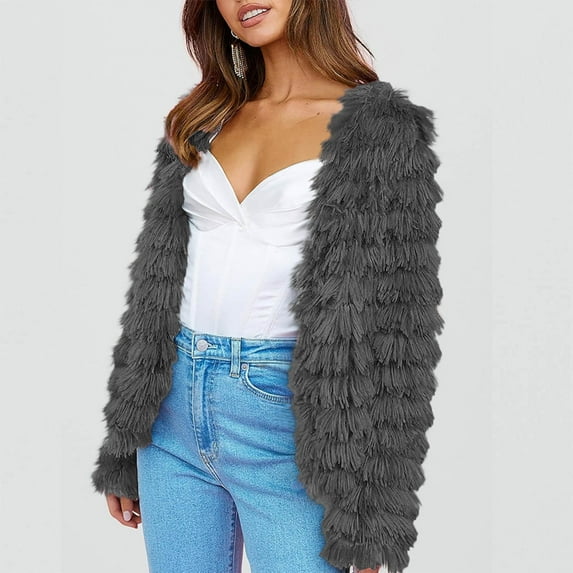 XPMWRP Women's Faux Fur Open Front Coats Oversized Loose Solid Color Jackets Trendy Casual Winter Warm Outerwear Gray S