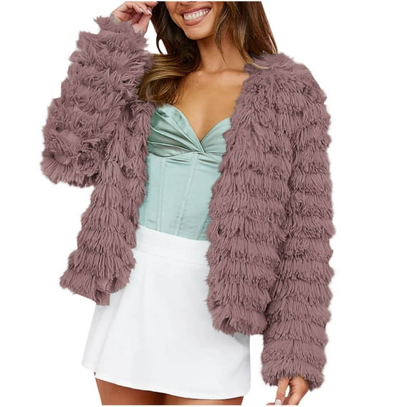 XPMWRP Women's Faux Fur Open Front Coats Oversized Loose Solid Color Jackets Trendy Casual Winter Warm Outerwear Pink L