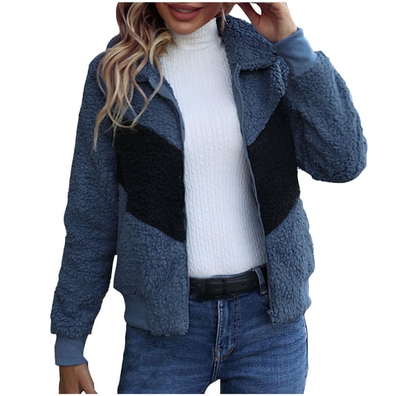 XPMWRP Women's Faux Fur Patchwork Coats Long Sleeve Zip Fleece Fashion Lapel Jackets Winter Warm Casual Loose Coat with Pockets Blue S