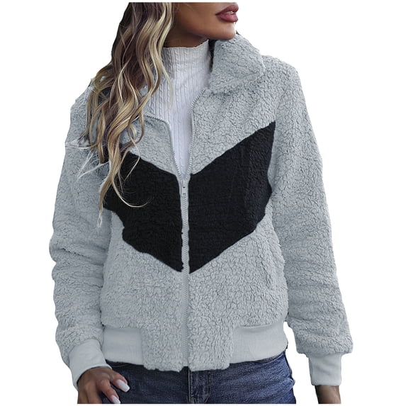 XPMWRP Women's Faux Fur Patchwork Coats Long Sleeve Zip Fleece Fashion Lapel Jackets Winter Warm Casual Loose Coat with Pockets Gray M