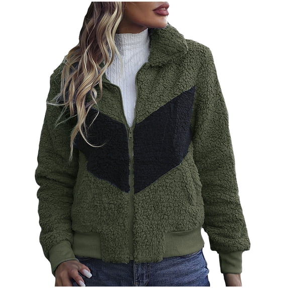 XPMWRP Women's Faux Fur Patchwork Coats Long Sleeve Zip Fleece Fashion Lapel Jackets Winter Warm Casual Loose Coat with Pockets Green S