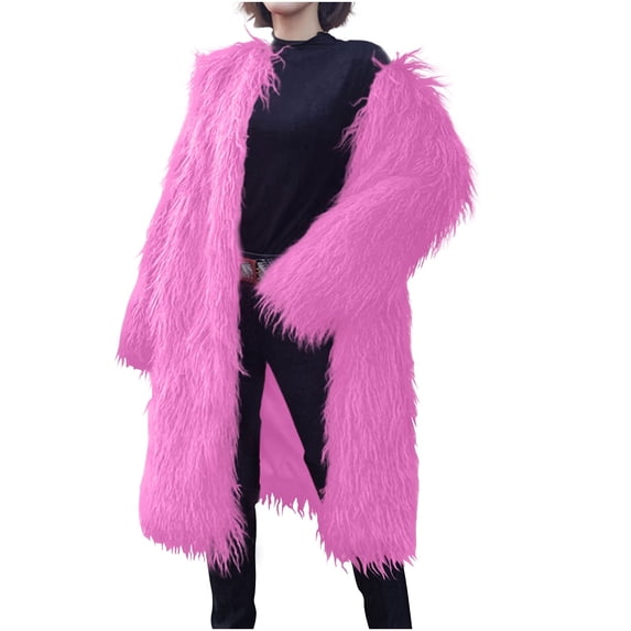 XPMWRP Women's Faux Fur Plus Size Long Coats Open Front Long Sleeve Solid Color Casual Jacket Winter Warm Fleece Cardigan Coats Pink XL