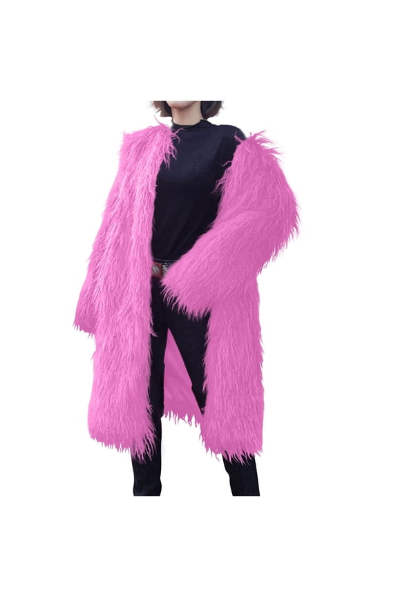 Women's Faux Fur Plus Size Long Coats Open Front Long Sleeve Solid Color Casual Jacket Winter Warm Fleece Cardigan Coats Pink XL