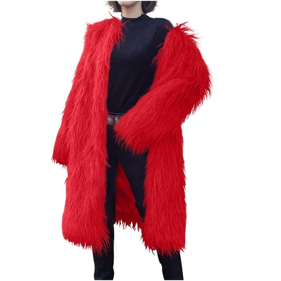 XPMWRP Women's Faux Fur Plus Size Long Coats Open Front Long Sleeve Solid Color Casual Jacket Winter Warm Fleece Cardigan Coats Red XXL