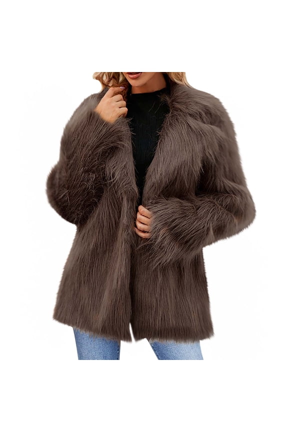 Women's Faux Fur Trendy Coats Open Front Fleece Long Sleeve Notch Lapel Jacket Warm Winter Fashion Casual Solid Color Coats Brown S
