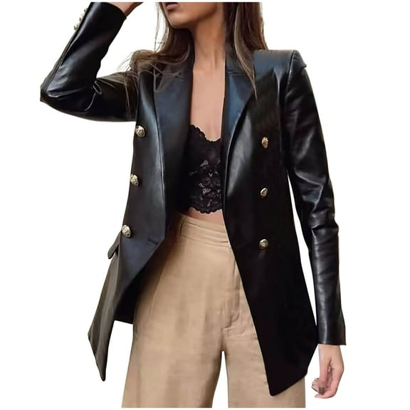 XPMWRP Women's Faux Leather Blazer Dressy Casual Notch Collar Long Sleeve Solid Color Jacket Work Office Suit Fall Winter Jackets Black L