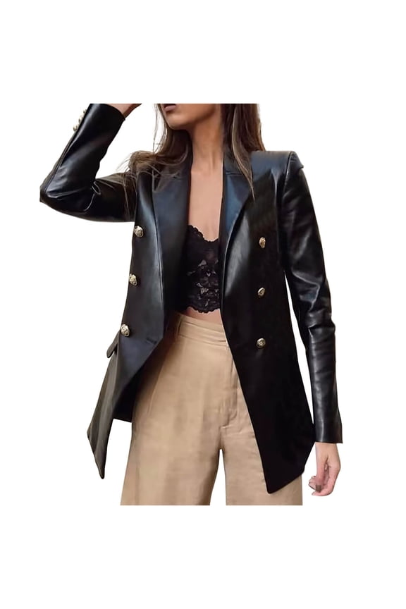 Women's Faux Leather Blazer Dressy Casual Notch Collar Long Sleeve Solid Color Jacket Work Office Suit Fall Winter Jackets Black S