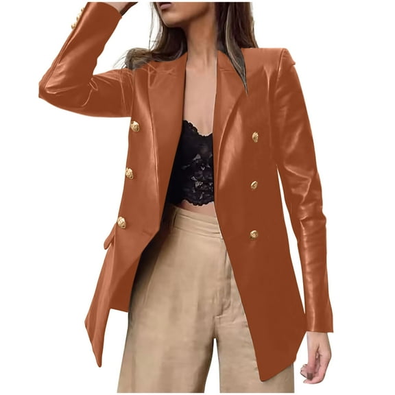 XPMWRP Women's Faux Leather Blazer Dressy Casual Notch Collar Long Sleeve Solid Color Jacket Work Office Suit Fall Winter Jackets Brown L